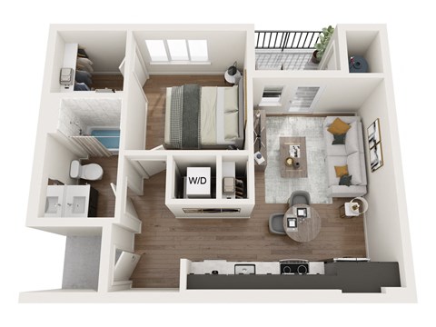 a stylized floor plan with a bedroom and a living room